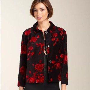 NWT Talbots Petite Black Red Rose Print Velvet Jacket Size 0P